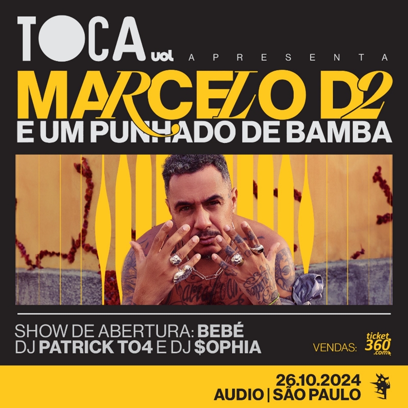 Fotografia colorida com arte de Marcelo D2 e um punhado de bamba - Show Toca Uol na Audio