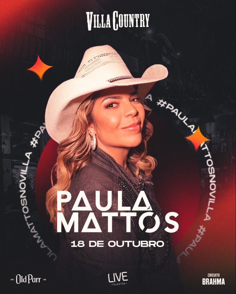 Arte colorida com foto de Paula Mattos para show no Villa Country em outubro de 2024