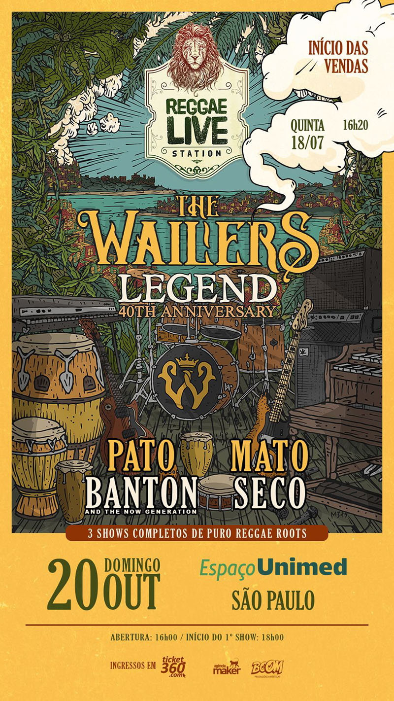 Arte colorida com os nomes da banda The Waillers, Mato Seco show Reggae Live Station